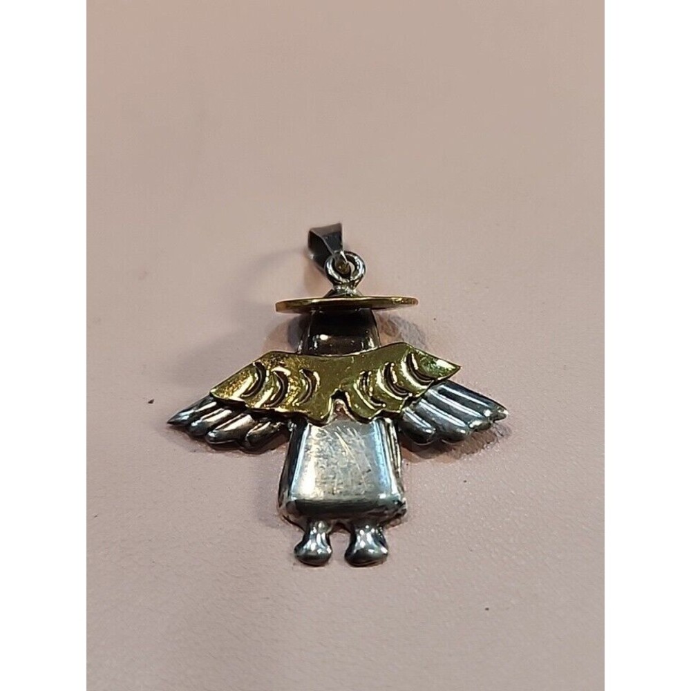 Vtg Sterling Silver Angel with Brass Wings and Halo Pendant Mexico Good012